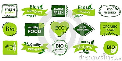 Organic logo. Vegan product labels, natural food and eco vegetables badges, fresh and healthy product stickers. Vector Vector Illustration