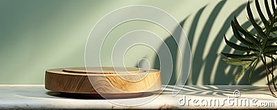 Organic Luxury Teak Wood Podium with Leaf Shadow on Wall Background Stock Photo