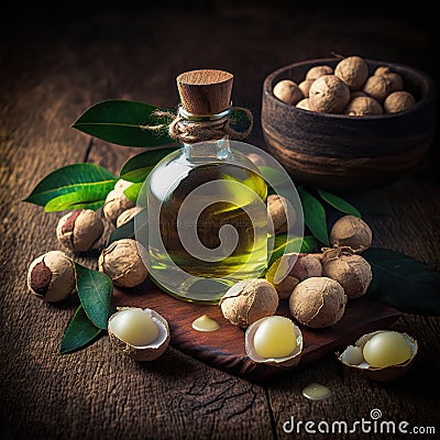 Organic macadamia oil and macadamia nuts for massage , Generative AI Stock Photo