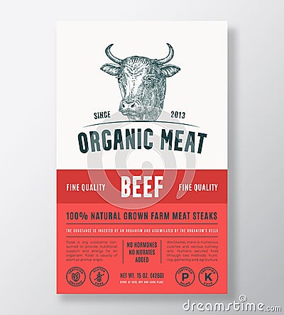 Organic Meat Abstract Vector Packaging Design or Label Template. Farm Grown Beef Steaks Banner. Modern Typography and Vector Illustration