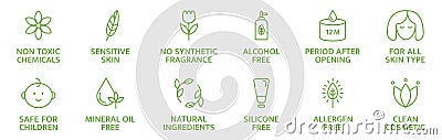 Organic and natural cosmetic line icons. Skincare symbol. Allergen free badges. Beauty product. Gluten and paraben free Vector Illustration