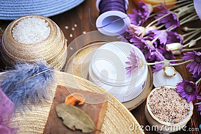 Organic natural cream, soap and bath salt Stock Photo