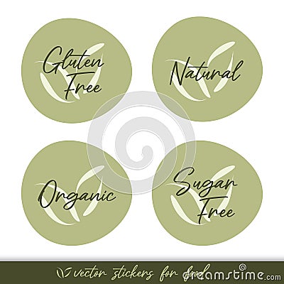 Organic Natural Gluten Sugar Free vector icon. Food sticker set. Green isolated label. Symbol for product, allergy, diet, healthy Vector Illustration