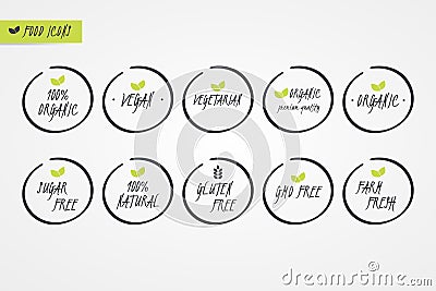 100% Organic Natural Gluten Sugar GMO Free Vegan Vegetarian Farm Fresh label. Food logo icons. Circle signs isolated Vector Illustration