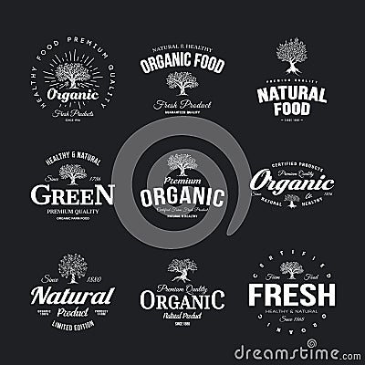 Organic natural and healthy farm fresh food retro emblem set. Vector Illustration