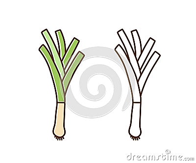 Organic natural leek monochrome and color set vector flat illustration. Fresh big root and stem of farm vegetable in Vector Illustration