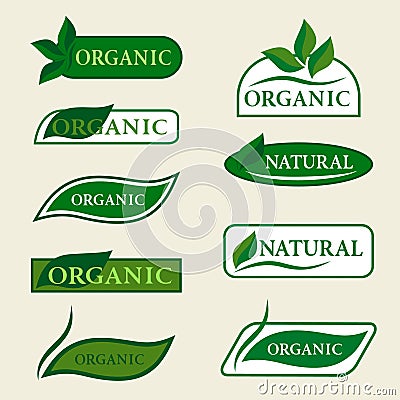 Organic natural logo design template signs with green leaves. Vector Illustration