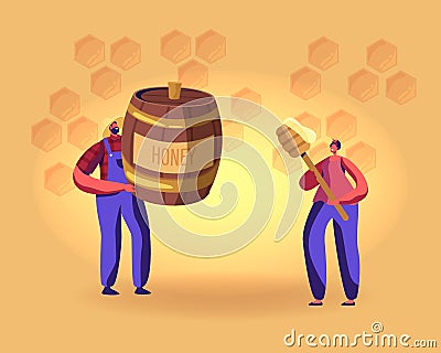 Organic Natural Sweet Food. Beekeeper Character Holding Huge Barrel with Honey. Farmer Extracting Bees Production Vector Illustration