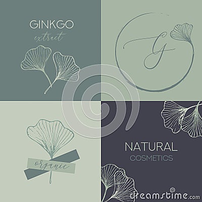 Organic Natural Zero Waste Ginkgo Biloba Leaf Cosmetic Package Design Template. Minimal Plant Greenery Label or Sticker Design. Vector Illustration