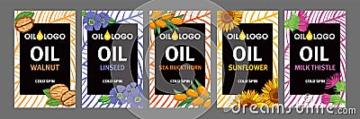 A set of bright packaging for natural oils. Walnut, flax, sea buckthorn, sunflower and milk thistle oil Vector Illustration