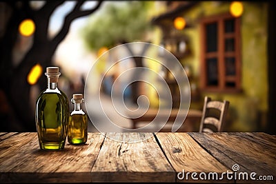 Organic olive oil in glass bottle over wooden rustic table with copy space for advertisement Cartoon Illustration