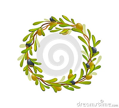 Organic olive products set. Wreath of black and green olives. Healthy organic products Vector Illustration