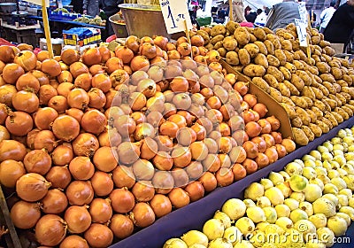 Organic Onion And Potatoes At A Street Market Stock Photo