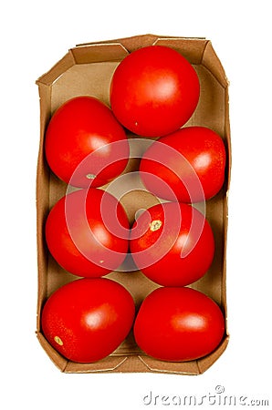 Organic plum tomatoes, ripe oval tomatoes, in a cardboard tray Stock Photo