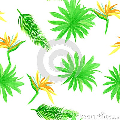 Organic Pattern Exotic. Green Seamless Art. Natural Tropical Vintage. White Isolated Hibiscus. Drawing Hibiscus. Stock Photo