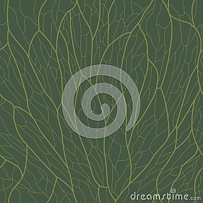 Organic pattern, wavy petals on green background. The sinewy structure of the petal. Trendy leaf seamless texture. Vector Vector Illustration