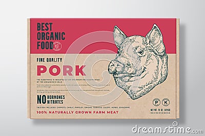 Organic Pork Meat Vector Food Packaging Label Design on a Craft Cardboard Box Container. Modern Typography and Hand Vector Illustration