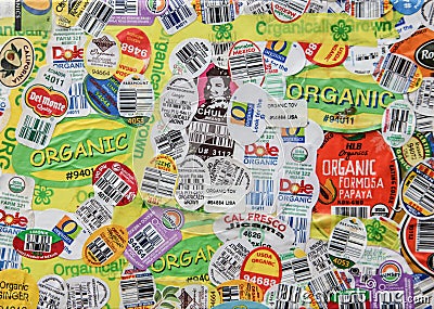 Organic Produce Stickers arranged as an art piece Editorial Stock Photo