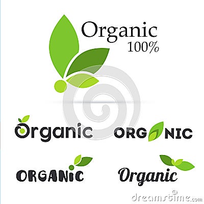 100% organic product logo set. Natural food labels. Fresh farm s Vector Illustration