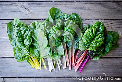 Organic rainbow chard: spray-free leafy greens in linear arrange Stock Photo
