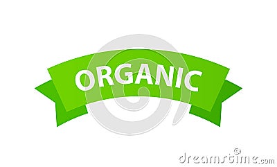 Organic ribbon label green color isolated on white background. Vector Illustration