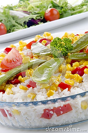 Organic rice bowl with mangetout Stock Photo