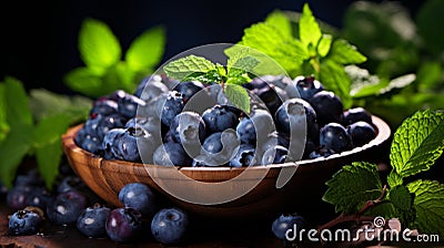 Organic ripe blueberries and fresh spearmint displayed in a rustic clay bowl on a wooden table Stock Photo