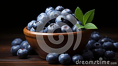 Organic ripe blueberries and fresh spearmint in rustic clay bowl on wooden table Stock Photo