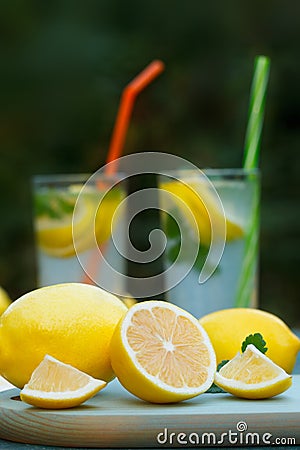 Organic, ripe lemons with Fresh lemonades Stock Photo