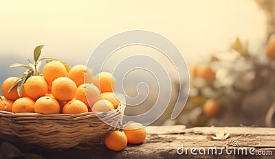 Organic ripe orange tangerine crop or citrus harvest in basket on wood against garden background Stock Photo