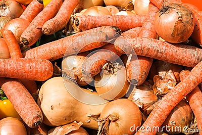 Organic root vegetables, red carrots, onions, and pumpkin. Stock Photo