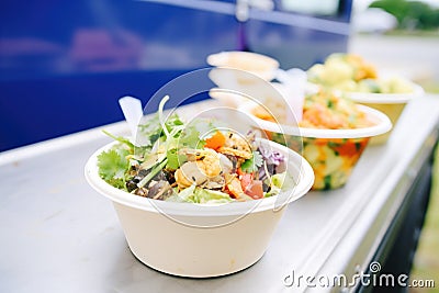 organic salad bowls on display in a healthfood truck Stock Photo