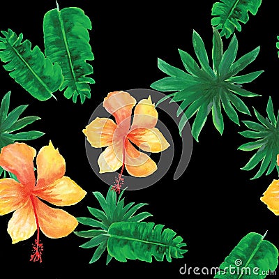 Organic Seamless Exotic. Pink Pattern Palm. Black Tropical Hibiscus. Yellow Floral Textile. Coral Flower Textile. Stock Photo