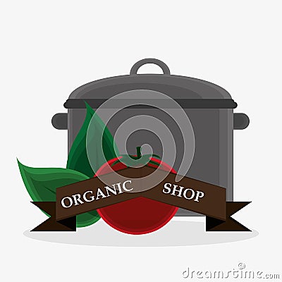 Organic shop tomato leaves cooking pot banner Vector Illustration