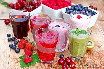 Organic smoothies, fruit yogurt and juices Stock Photo