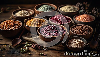 Organic spice bowl chili pepper, clove, nutmeg generated by AI Stock Photo