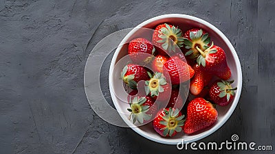 Organic Strawberries in White Dish Vibrant Fruit on Gray Stock Photo