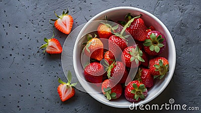 Organic Strawberries in White Dish Vibrant Fruit on Gray Stock Photo