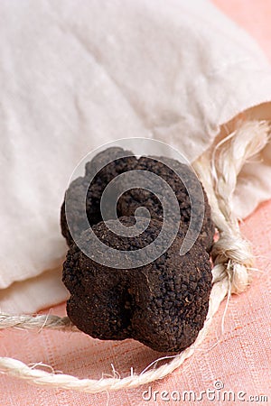 organic summer truffle and a gunny sack Stock Photo