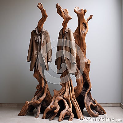 Organic Surrealism: Three Unique Wooden Coat Racks By Emil Alzamora Stock Photo