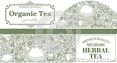 Organic tea beverage with herbs, labels sketch Vector Illustration