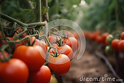 Ripe red and delicious fresh tomatoes hang on a plant in the greenhouse Stock Photo