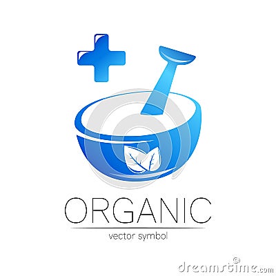 Organic vector symbol in blue color. Concept logo with cross for business. Herbal sign for medicine, homeopathy, therapy Vector Illustration