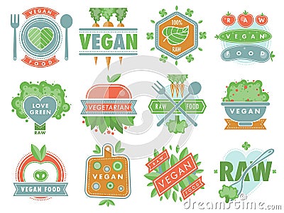 Organic vegan healthy food eco restaurant logo badges labels with vegetarian raw nature food diet designs vector Vector Illustration