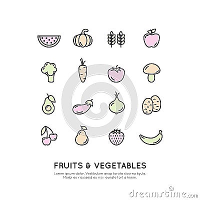 Organic Vegan Healthy Shop or Store. Green Natural Fruit Symbols, Farmer Market Countryside Stock Photo