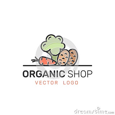 Organic Vegan Healthy Shop or Store. Green Natural Vegetable and Fruit Symbols, Farmer Market Countryside Vector Illustration