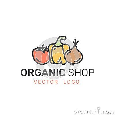 Organic Vegan Healthy Shop or Store. Green Natural Vegetable and Fruit Symbols, Farmer Market Countryside Stock Photo