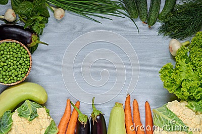 Organic vegetable background with copy space for text in the centre. Fresh ingredients for salad, soup and healthy or diet dishes Stock Photo