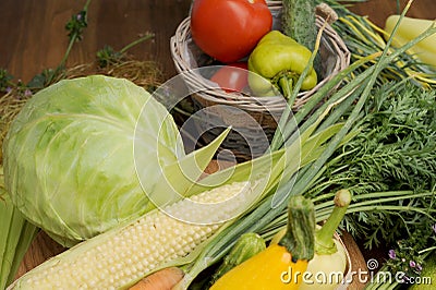 Organic vegetables closeup - carrot, cabbage, tomato Stock Photo