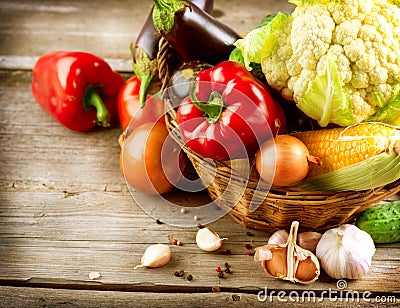 Organic Vegetables on a Wood Background Stock Photo